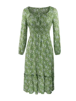2020. gada Rudens/ziemas Retro Laukumā Apkakles Kleita, Sieviešu Kleitas, Sievietēm ar garām Piedurknēm Zaļā Vintage Ziedu Drukāt Zemeņu Kleita