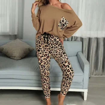 2020. gada Rudenī Jaunu Gadījuma Leopard Sieviešu Mājas Apģērba Modes O-veida kakla garām Piedurknēm Zaudēt Pajama Komplekti