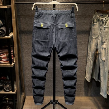 2020. gada Rudenī Jaunu Streetwear Vīriešu Elastīga Vidukļa Džinsus Modes Gadījuma Harlan Fit Bikses Melnas Džinsa Bikses Plus Lieluma 5XL 6XL 7XL
