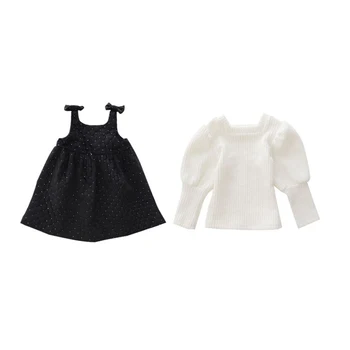 2020. gada Rudenī, Pavasarī Meiteņu Apģērbu Komplekti Rudens Kokvilnas Puff Piedurknēm Vizuļi Džemperi, Topi+Siksna Kleita 2gab Baby Girl Dress Apģērbi