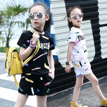 2020. gada Vasaras Bērnu Apģērbu Komplekts Meiteņu Apģērbu Komplekti Bērniem, Multiplikācijas filmu Drukāšana T-krekls+Šorti Uzvalki, Bērnu Drēbes Meitenei