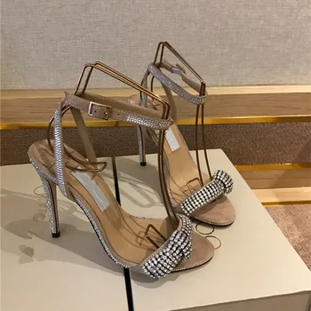 2020. gada Vasaras Kristāla Kāzu Sandales Sieviešu Luksusa Dizaineru priekšgala mezgls augstiem Papēžiem bling bling Potītes Siksniņu, Kleita Puse kurpes Sieviete