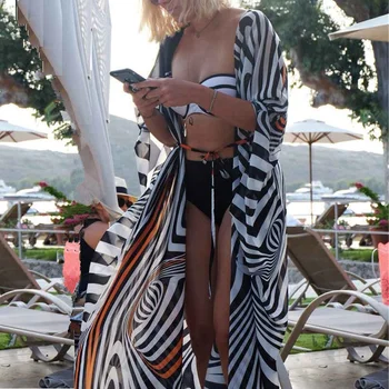 2020. gada Vasaras Zebras Svītru Peldkostīmi Cover Up Bikini Plus Lieluma Pludmales Kleita Tunika Sievietēm Garš Šifona Jaciņa Cover-up Beach Valkā