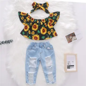 2020. gada Vasarā Bērniem Meitene Drēbes, Uzstādīt Saulespuķu Drukāt Top+Caurums Džinsa Džinsi Elsas+Ziedu Galvas 3pcs Uzvalks Bērnu Apģērbs par Meiteni