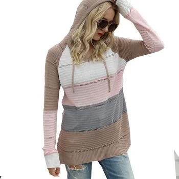 2020. gada rudens un ziemas sieviešu garām piedurknēm zaudēt dobi atšķirībā trikotāžas džemperis kapuces džemperis sievietes apģērbs