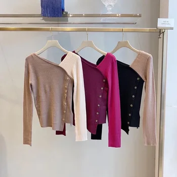 2020. gada rudenī jaunu produktu, V-veida kakla izskatās plānas, visu atbilst neregulāru krāsu kontrastu iesiešanas diagonāli pogu, džemperi, džemperis sievietēm