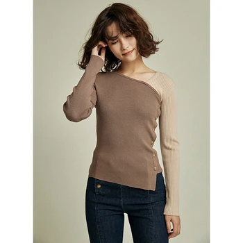 2020. gada rudenī jaunu produktu, V-veida kakla izskatās plānas, visu atbilst neregulāru krāsu kontrastu iesiešanas diagonāli pogu, džemperi, džemperis sievietēm