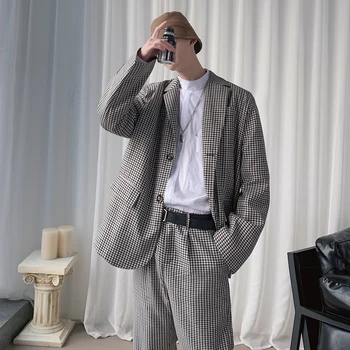 2020. gadā-Pavasarī Un Rudenī Jaunu korejiešu Versija Houndstooth Uzvalks Uzvalks Modes Gadījuma Zaudēt Uzvalks Divu gabals Tumši Pelēkā krāsā, M-XL