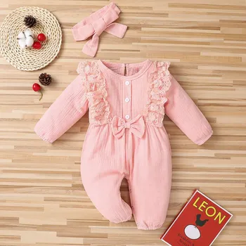 2021. Gada Pavasarī Baby Girl Kombinezonus Jaundzimušā Apģērbu Toddler Izlīdzināšanu Piedurknēm Cieto Mežģīņu Dizaina Romper Jumpsuit Ar Galvu Vienu Gabalu