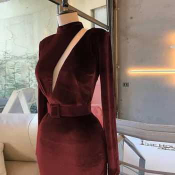 2021Elegant Bordo Samta Pilnu Piedurknēm vakartērpi, Augsta Kakla Sirēna Formālās Kleitas Sievietes Puses Drēbes De Soirée
