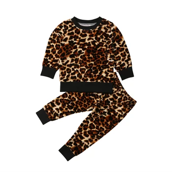2GAB Emmababy Baby Toddler Meitenes Leopard Print Drēbes, Topi, T-krekls, Garās Bikses Apģērbu Komplekti