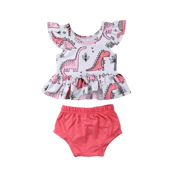 2GAB Toddler pavisam Jaunu Bērnu Meitene Lidot Piedurknēm dinozauru Topi Tee + Trīsstūris bikses Apģērbs, Zīdaiņu apģērbs