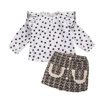 2gab Baby Meitenes Princese Zīdaiņiem Svārki, Apģērbu Komplekts Polka Dot garām Piedurknēm Savirmot Krekls Top+Mini Svārki Kids Modes Tērpiem Uzvalks