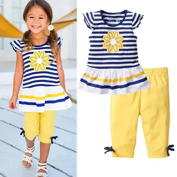 2gab Bērniem, Baby Meitenes Bērniem, Drēbes Komplekti Ziedu T-Krekls Topi + Šorti Bikses Svītrains Apģērbs Vasaras Apģērbs 2016. Gadam Jauniem Ierašanās