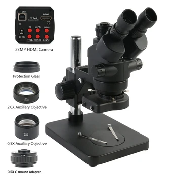 3,5 X-90X Tālummaiņas Rūpniecības Lab Vienlaicīgi-fokusa Stereo Mikroskopu Trinokulara Mikroskopu Komplekts + 23MP USB HDMI Video Kameru PCB Remonts