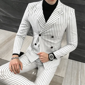 3 Gabali ( Žakete + Veste +Bikses) Vīriešu divrindu Uzvalks Modes Svītrainām Līgavainis Kāzu Uzvalku Vīriešu Ikdienas Biznesa Uzvalks