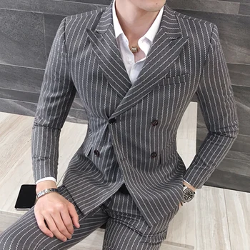 3 Gabali ( Žakete + Veste +Bikses) Vīriešu divrindu Uzvalks Modes Svītrainām Līgavainis Kāzu Uzvalku Vīriešu Ikdienas Biznesa Uzvalks