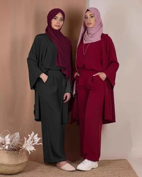 3 Gabals, kas Musulmaņu Veste Tops un Jaka Plaša Kāju Bikses Sievietēm, Dubaija Mežģīnes-up Blūze Abaya Kaftan Islāmu Gadījuma Islāma Apģērbi