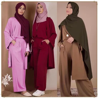 3 Gabals, kas Musulmaņu Veste Tops un Jaka Plaša Kāju Bikses Sievietēm, Dubaija Mežģīnes-up Blūze Abaya Kaftan Islāmu Gadījuma Islāma Apģērbi