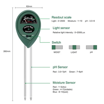 3 In 1 Augsnes Mitruma Testeri Skābums Humidimetre Metru Detektoru PH Testa Dārza Augu Ziedu Testēšanas Rīku Mitra Testeri Instruments