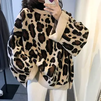3 Krāsas LIELAJAM Sieviešu Leopard Džemperis Adīts Lielajam Puloveri