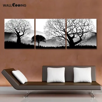 3 panelis Melns un balts ainavu koku Mākslas audekls, eļļas glezna viesistabā pie sienas plakātu moduļu bildes cuadros mājas decoracion
