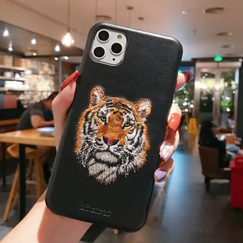 3D Izšūti Gudrs Kaķis Vilks Tiger Ādas Telefonu Gadījumā Par Apple iPhone 12 Pro Max Aizsardzības Aizmugurējo Vāciņu Priekš iPhone 12 Mini 11