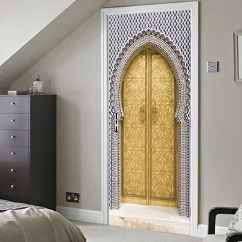 3D Musulmaņu Stila Durvis, Uzlīmes, Koka Durvis, Renovācija, Guļamistaba, viesistaba, Durvis Mājas Apdare pašlīmējošās Ūdensnoturīgas Uzlīmes