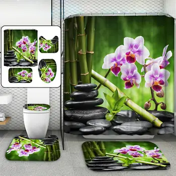 3D Zaļā Bambusa Akmens Ziedu Ūdensnecaurlaidīga Auduma Vannas Aizkars Dušas Aizkari Iestatiet Anti-pretslīdes Paklāji Tualetes Vāku, Vāka Vannas Paklājiņu Komplekts