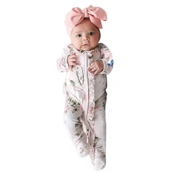 (3M-18M), Baby garām Piedurknēm Ziedu Drukāt Kroku Malas Pārklātas Kājām Drēbes Pidžamu Kāpurķēžu + Hairband Modes Ērti S4