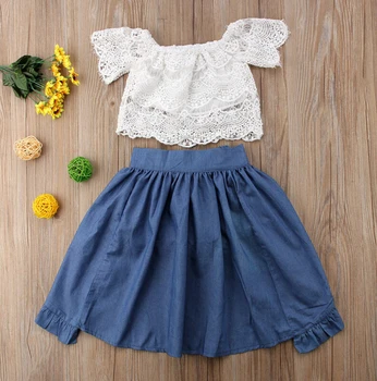 3PCS Baby Girl Apģērbu Komplekti Mežģīnes Off-Plecu T-krekls Topi Svārki Bikses Bowknot Džinsa Vasaras Puse Drēbes, Uzstādīt Bērnu, 1-6T