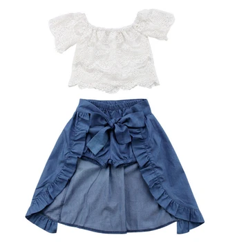 3PCS Baby Girl Apģērbu Komplekti Mežģīnes Off-Plecu T-krekls Topi Svārki Bikses Bowknot Džinsa Vasaras Puse Drēbes, Uzstādīt Bērnu, 1-6T