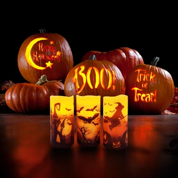 3PCS Halloween LED Sveces Mirgo Flameless Bateriju Darbināmas Ar 6 Stundu Taimeri Vasks Pīlārs Tējas Lukturi Ar Sikspārņu Pils