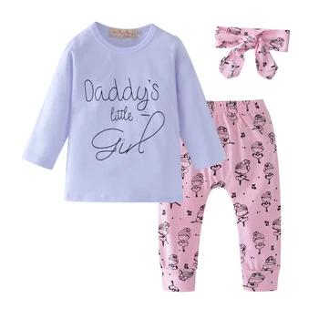 3PCS Jaundzimušā bērna Baby Girl Apģērbu Kokvilnas garām piedurknēm Vēstuli Daddy ' s Little Girl T-krekls+Bikses+Galvas Meiteņu Apģērba Komplekts