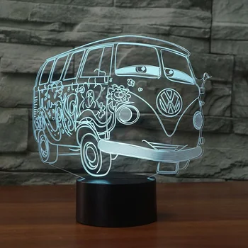 3d Vizuālo Ilūziju, Tūrisma Autobusu Nakts Gaisma Caurspīdīga Akrila Led Auto Krāsains Galda Lampa Pieskarties Bāzi Par Bērniem, Dāvanu