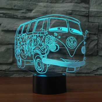 3d Vizuālo Ilūziju, Tūrisma Autobusu Nakts Gaisma Caurspīdīga Akrila Led Auto Krāsains Galda Lampa Pieskarties Bāzi Par Bērniem, Dāvanu