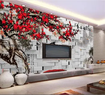 3d tapetes pielāgotus foto sienas dzīvojamā istabā ķieģeļu sienas plūmju ziedu glezniecības dīvāns TV fona neausta tapetes, sienas 3d