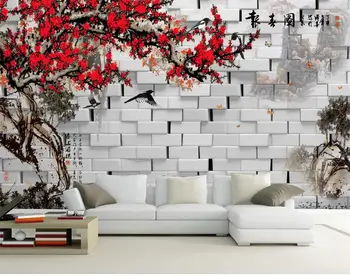 3d tapetes pielāgotus foto sienas dzīvojamā istabā ķieģeļu sienas plūmju ziedu glezniecības dīvāns TV fona neausta tapetes, sienas 3d