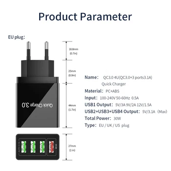 4 Porti Ātra Maksas 3.0 Sienu USB Smart Lādētāja Adapteri Mobilo Telefonu 5V 3A Maksas Ātra Uzlāde iPhone iPad, Samsung XiaoMi