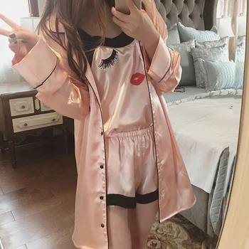 4 gabals Iespiesti skropstu Homewear sieviešu uzstādīt cute meitene Pajama Komplekti Dāmas Zīda Peldmētelis Mežģīnes japāņu kimono Lielo Izmēru Drēbes