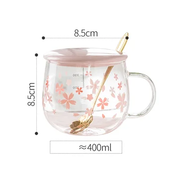 400 ml Sakura Stikla Kafijas Krūze Ar Karoti&Keramikas Vāku Siltuma Izturīgs Tējas Tase Iestatīt Caurspīdīgu Brokastis, Piens, Sula, Dzeramā Stikla