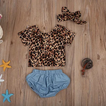 4GAB Jaunas Modes Baby Meiteņu Drēbes, Uzstādīt 2017. Gada Vasaras Backless Leopard T-krekls, Tops+Džinsa Bikses Bloomers Galvu Bebek Giyim