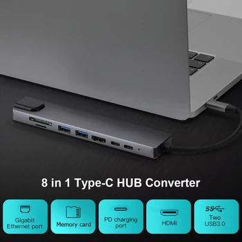 4K HDMI 1080P VGA 2 USB 3.0 TF PD Audio Adapteri Grāmatiņa Viedtālrunis Izplešanās Converter 8 1 5Gbps USB 3.1 Tipa RUMBAS C