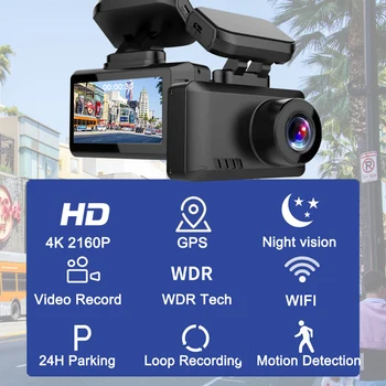 4K WIFI Dash Cam Ultra HD GPS Track Auto DVR 3840*2160P Žestu, Foto Super Nakts Redzamības Kamera Video ierakstīšana Telefona Pieslēgumu