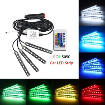 4gab Auto RGB LED Strip Gaismas LED Sloksnes Gaismas Krāsas Auto Stils Dekoratīvās Atmosfēru Lampas, Auto salona Apgaismojuma, Ar Tālvadības 12V