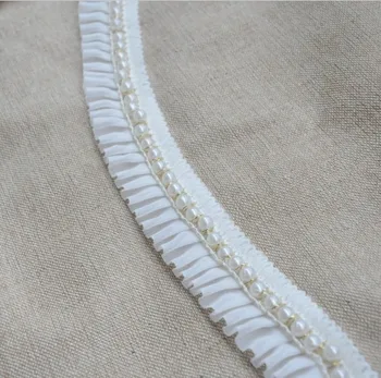 5 Yds/Daudz Šifona Ziedu Mežģīnes Pērle 3D Fāzēm Ziedu Apdares Mežģīņu Lenti 200D Šifona Balts Kroku Krelles Apģērba Piederumi