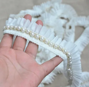 5 Yds/Daudz Šifona Ziedu Mežģīnes Pērle 3D Fāzēm Ziedu Apdares Mežģīņu Lenti 200D Šifona Balts Kroku Krelles Apģērba Piederumi