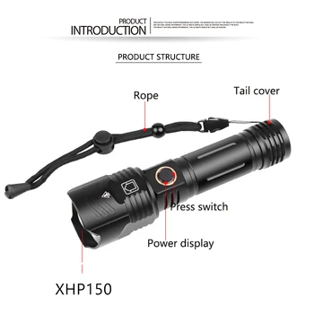 5000MAH XHP160 XHP150 Jaudīgs LED Lukturītis USB Papildināt Tālummaiņas Lāpu IPX-6 Ūdensizturīgs Taktisko Flash Gaismas, ko 26650/18650
