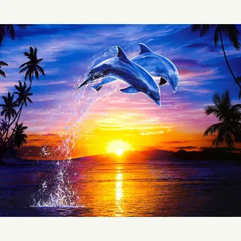 5D DIY Pilnu Kvadrātveida/apaļā Dimanta Krāsošana Saulrieta Delfīnu Izšuvumi Krustdūrienā Rhinestone Mozaīkas Mājas Dekoru