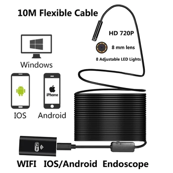 5M/10M WIFI Endoskopu Kamera 8mm Objektīvs 2MP 720P Čūska USB Elastīgu Cietas Stieples Android, IOS PC 8LED Pārbaudes Endoskopu Kamera
